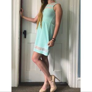 Mint Green Blue Fitted Dress with Sheer Cutouts